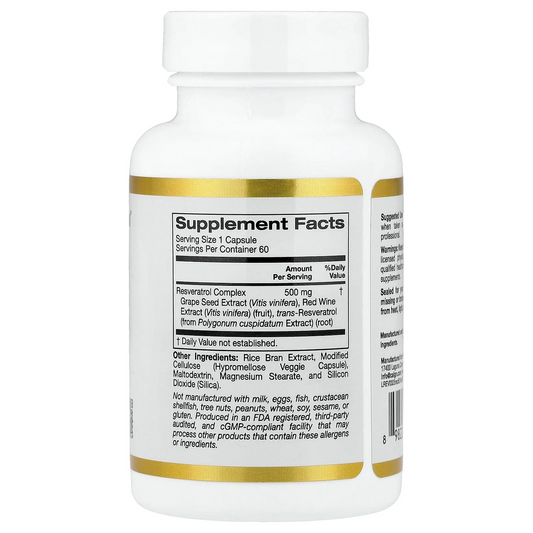 California Gold Nutrition Resveratrol Complex 500 Mg Cellular Antioxidant Support Cardiovascular Wellness Complex per Serving 60 Veggie Capsules