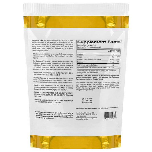 California Gold Nutrition Collagen up Powder hydrolyzed Marine Collagen Peptides + Hyaluronic Acid + Vitamin C Bioavailable. Unflavored Gluten Gmok 206g