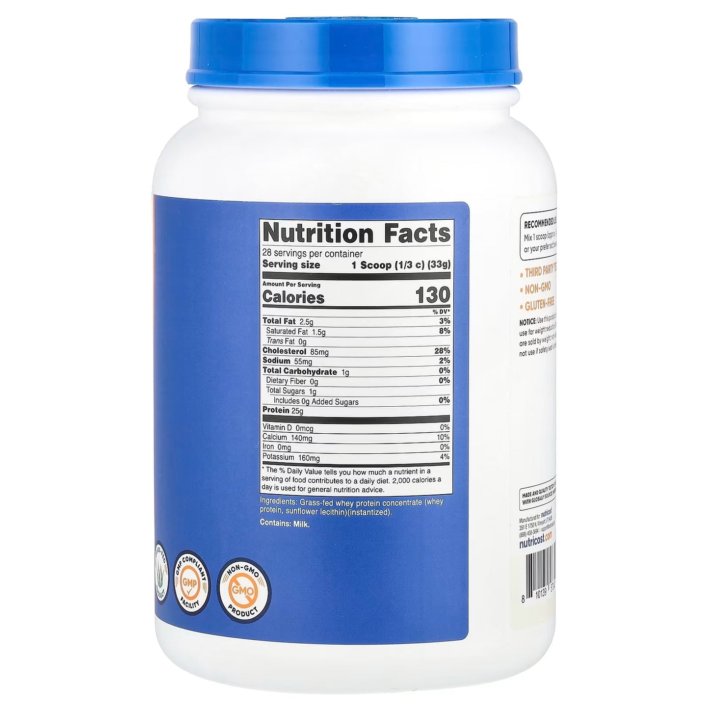 Nutricost Grass-Fed Whey Protein Isolate 2 lbs (907g) – Unflavored, Pure Protein Supplement