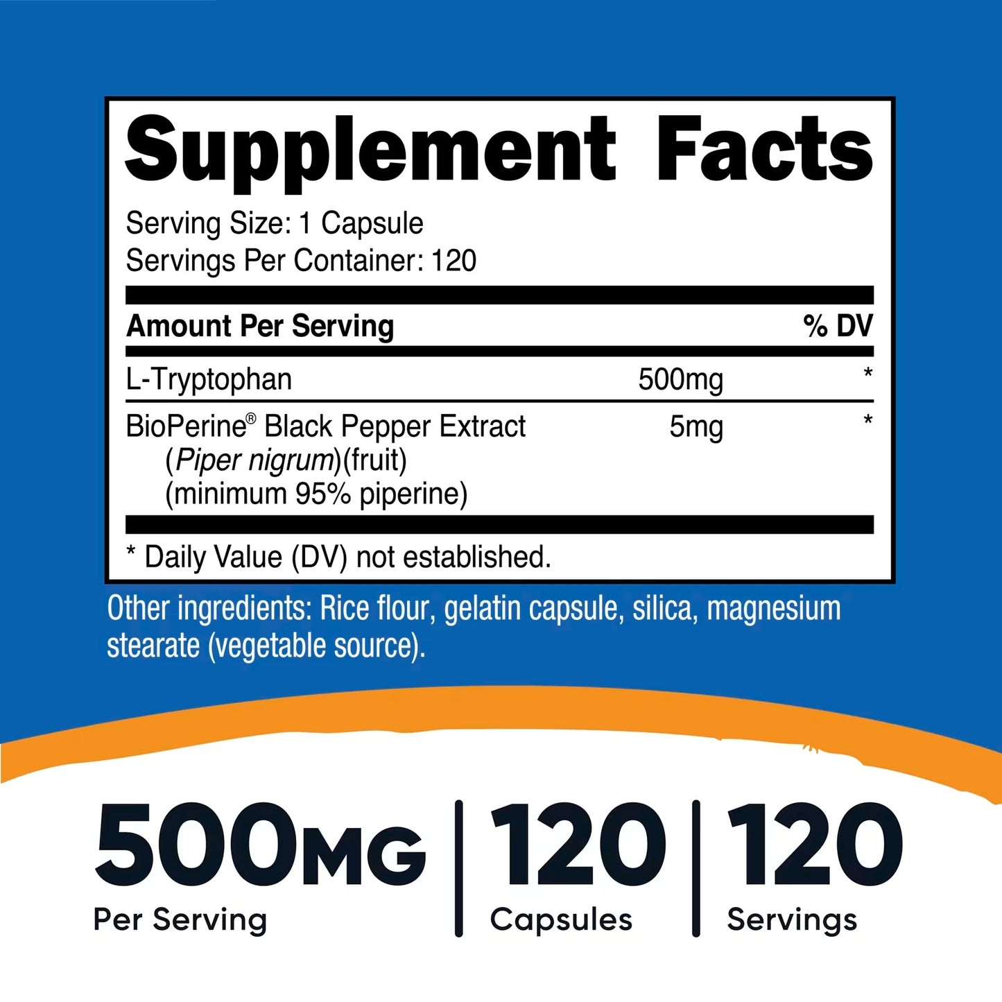 Nutricost L-Tryptophan 500mg with BioPerine – 120 Capsules, Gluten-Free & GMO-Free