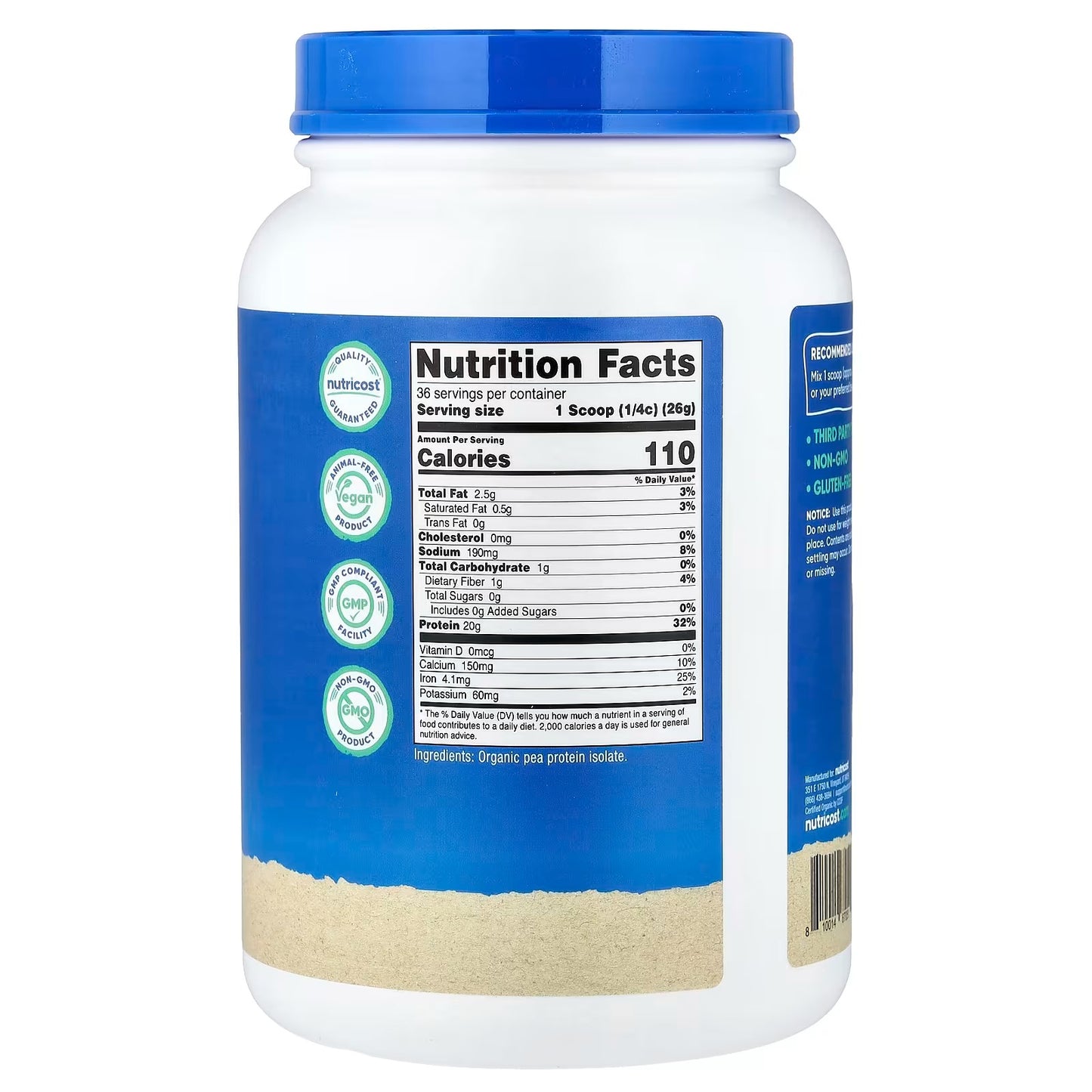 Nutricost Organic Pea Protein Isolate Powder 2 lbs (907g) – Unflavored Plant-Based Protein