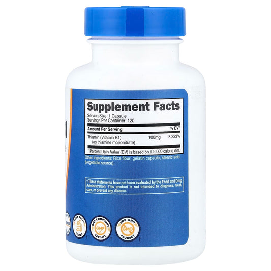 Nutricost Vitamin B1 100mg (Thiamine) – 120 Capsules, Gluten-Free Vitamin B1 Supplement