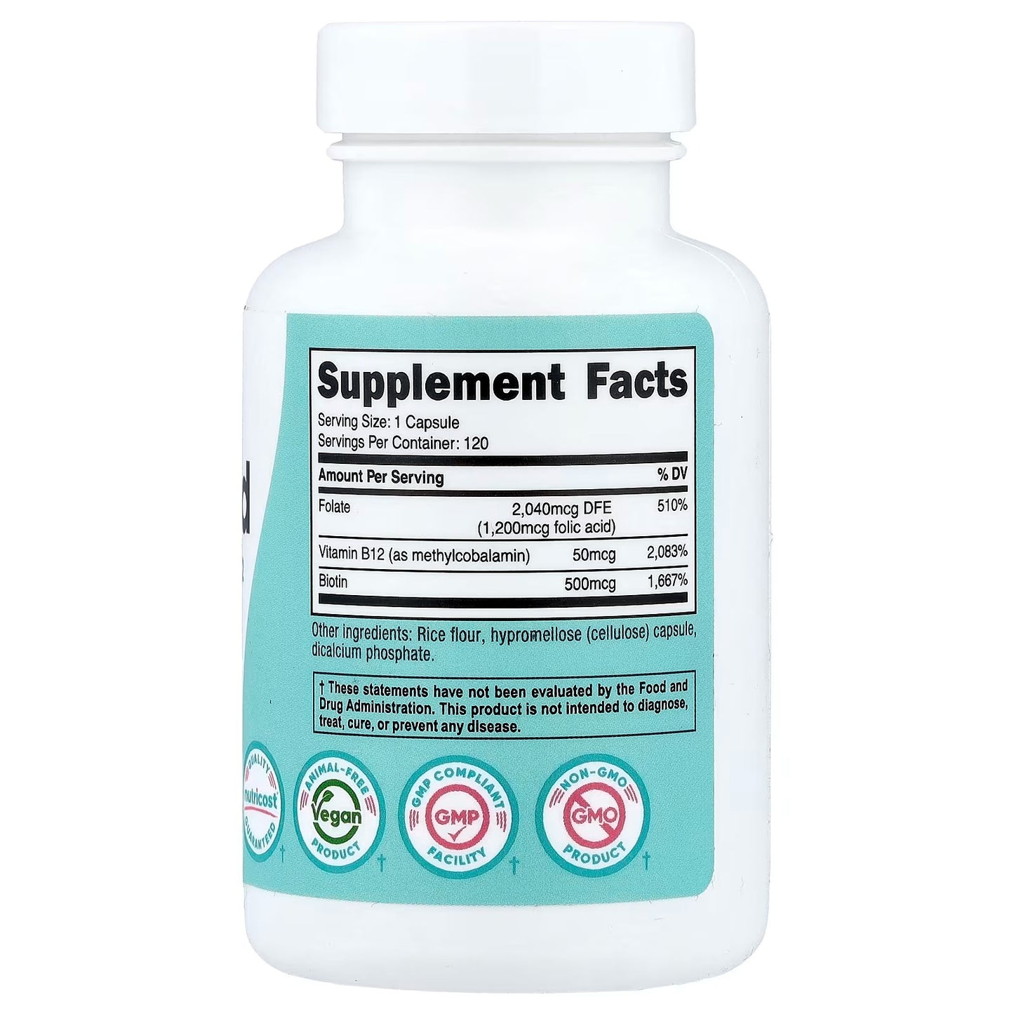 Nutricost Folic Acid for Women 1200mcg – 120 Veggie Capsules with B12 & Biotin, Non-GMO & Gluten-Free