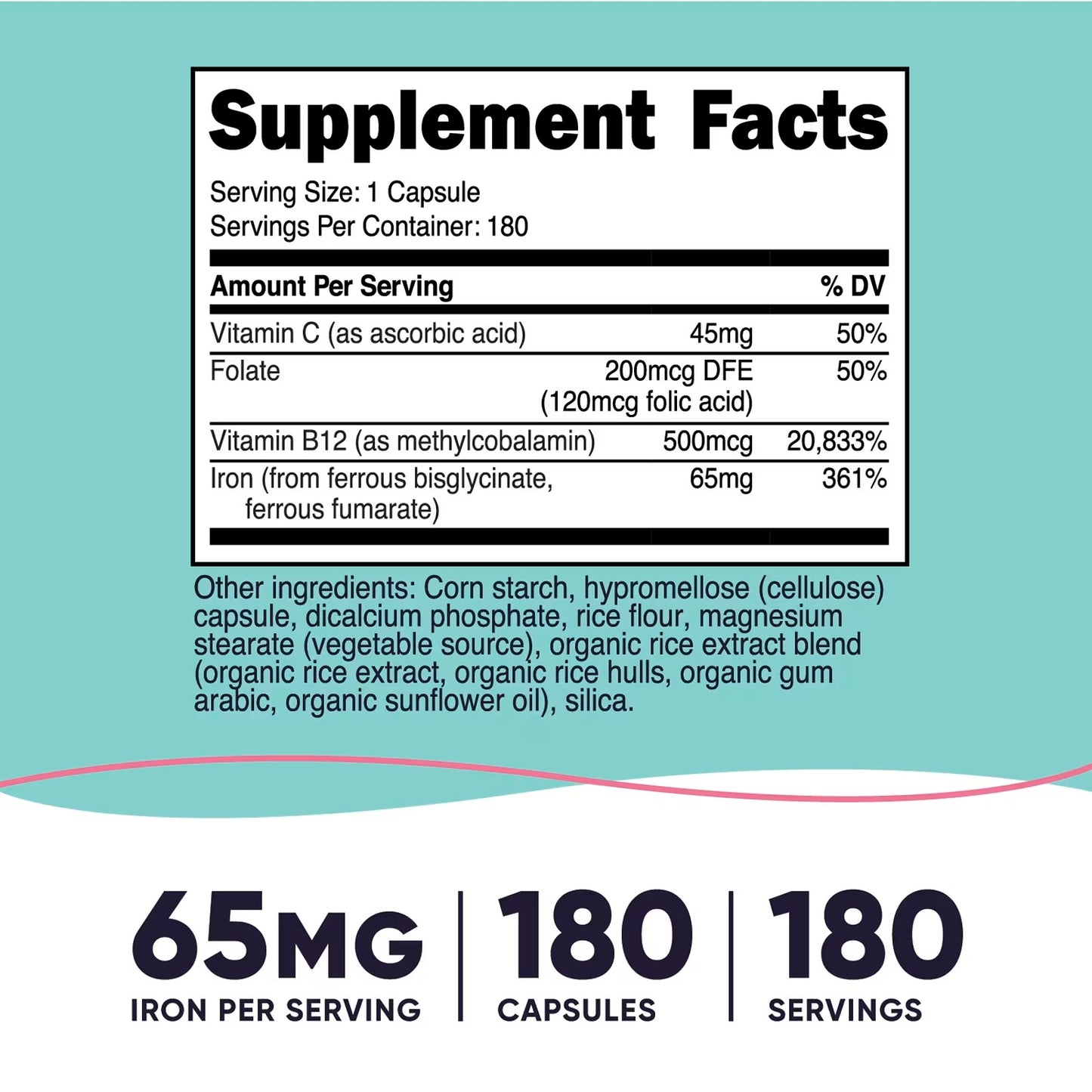 Nutricost Iron for Women 65mg – 180 Vegetarian Capsules with Vitamin C, Folate & B12, Gluten-Free & GMO-Free