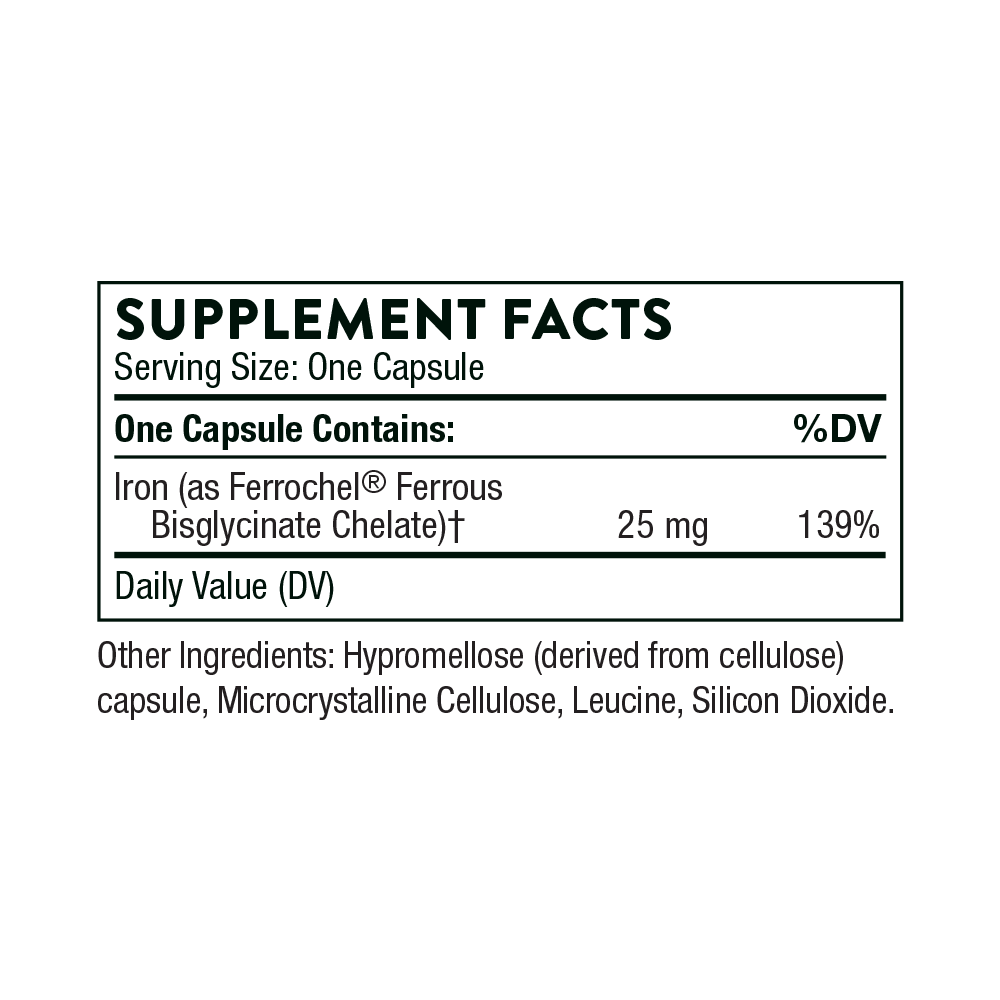 Thorne Iron Bisglycinate Red Blood Cell Support Oxygen Transport Energy Metabolism 60 Capsules