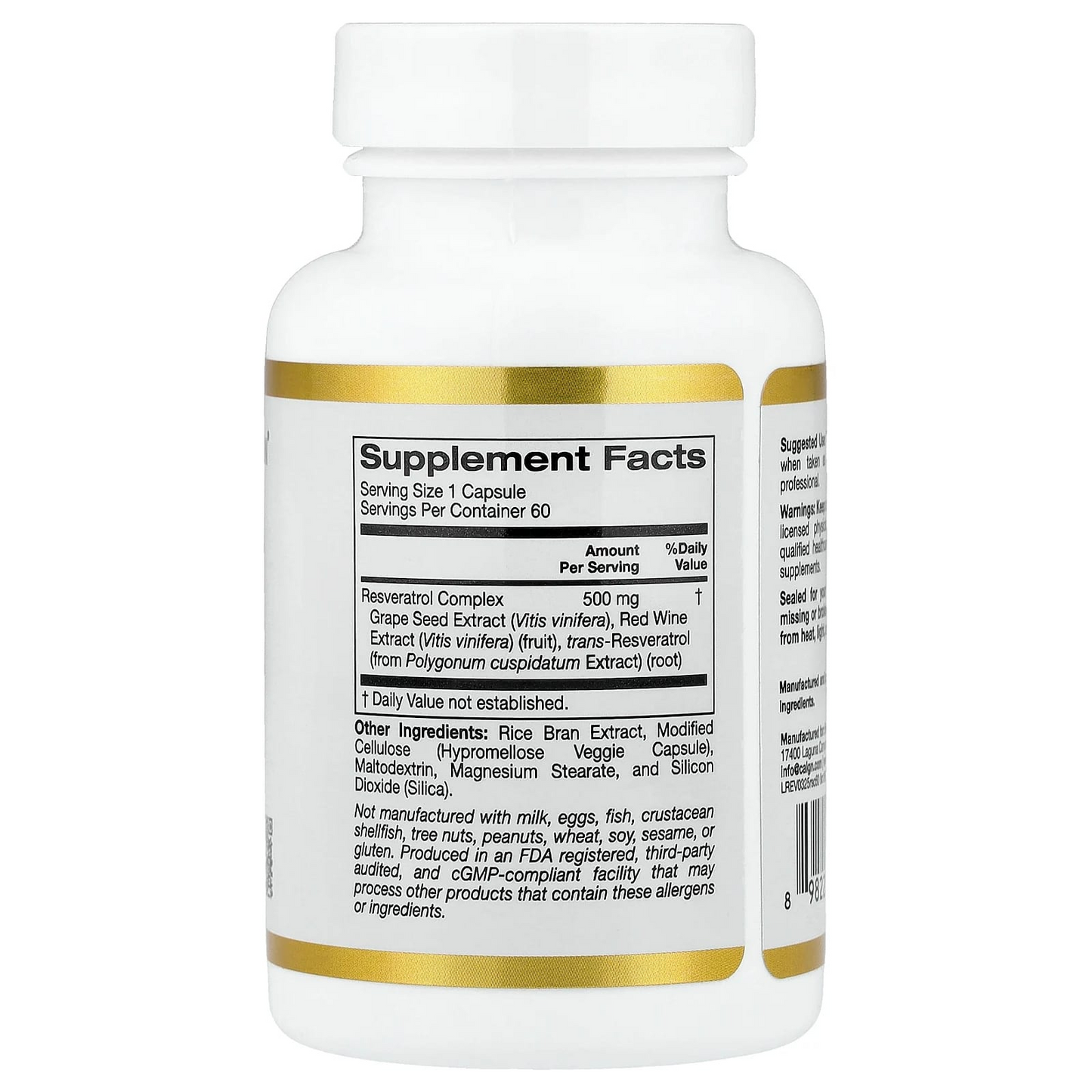 California Gold Nutrition Resveratrol Complex 500 Mg Cellular Antioxidant Support Cardiovascular Wellness Complex per Serving 60 Veggie Capsules
