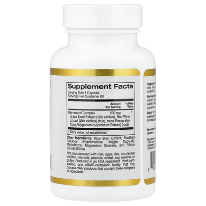 California Gold Nutrition Resveratrol Complex 500 Mg Cellular Antioxidant Support Cardiovascular Wellness Complex per Serving 60 Veggie Capsules