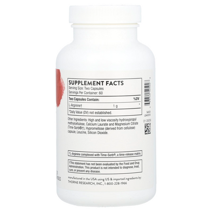 Thorne L-Arginine Sustained Release Circulatory support Heart and vessel health Exercise performance Men’s vitality  500 mg per caps 120 Capsules