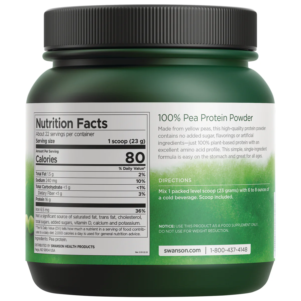 Swanson Vitamins 100% Pea Protein Powder - Unflavored 503g
