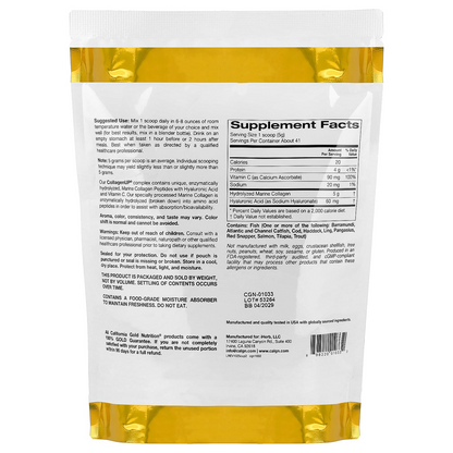 California Gold Nutrition Collagen up Powder hydrolyzed Marine Collagen Peptides + Hyaluronic Acid + Vitamin C Bioavailable. Unflavored Gluten Gmok 206g