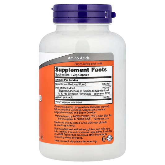 Now Foods Glutathione  500 Mg Detox Support Reduced Active Form with Milk Thistle Extract & Alpha Lipoic Acid 120 Veg Capsules