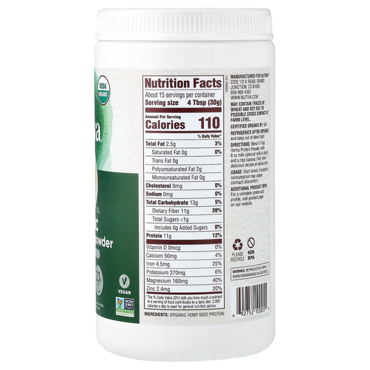 Nutiva Organic Hemp Protein Powder Fibre Plus Supporting Digestive Health 454g