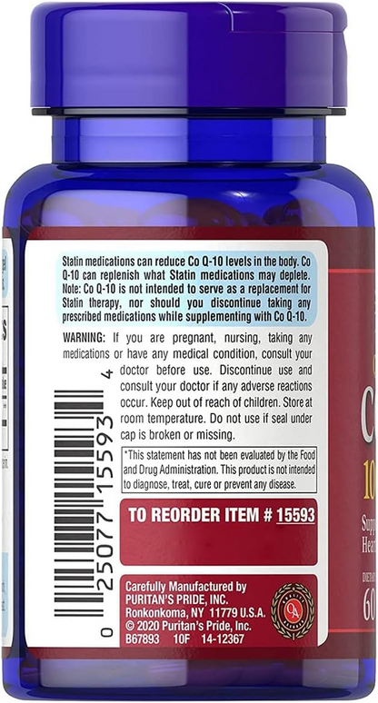 Puritan's Pride Co Q10 100mg Supports Heart Health Rapid Release Softgels