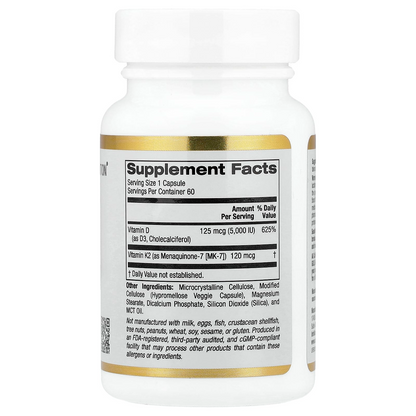California Gold Nutrition Vitamin D3 + K2 as MK-7 Veggie Capsules