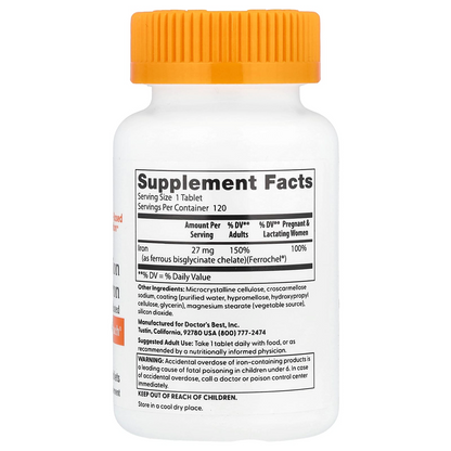 Doctor's Best High Absorption Iron Gentle on The Stomach 27 Mg 120 Tablets