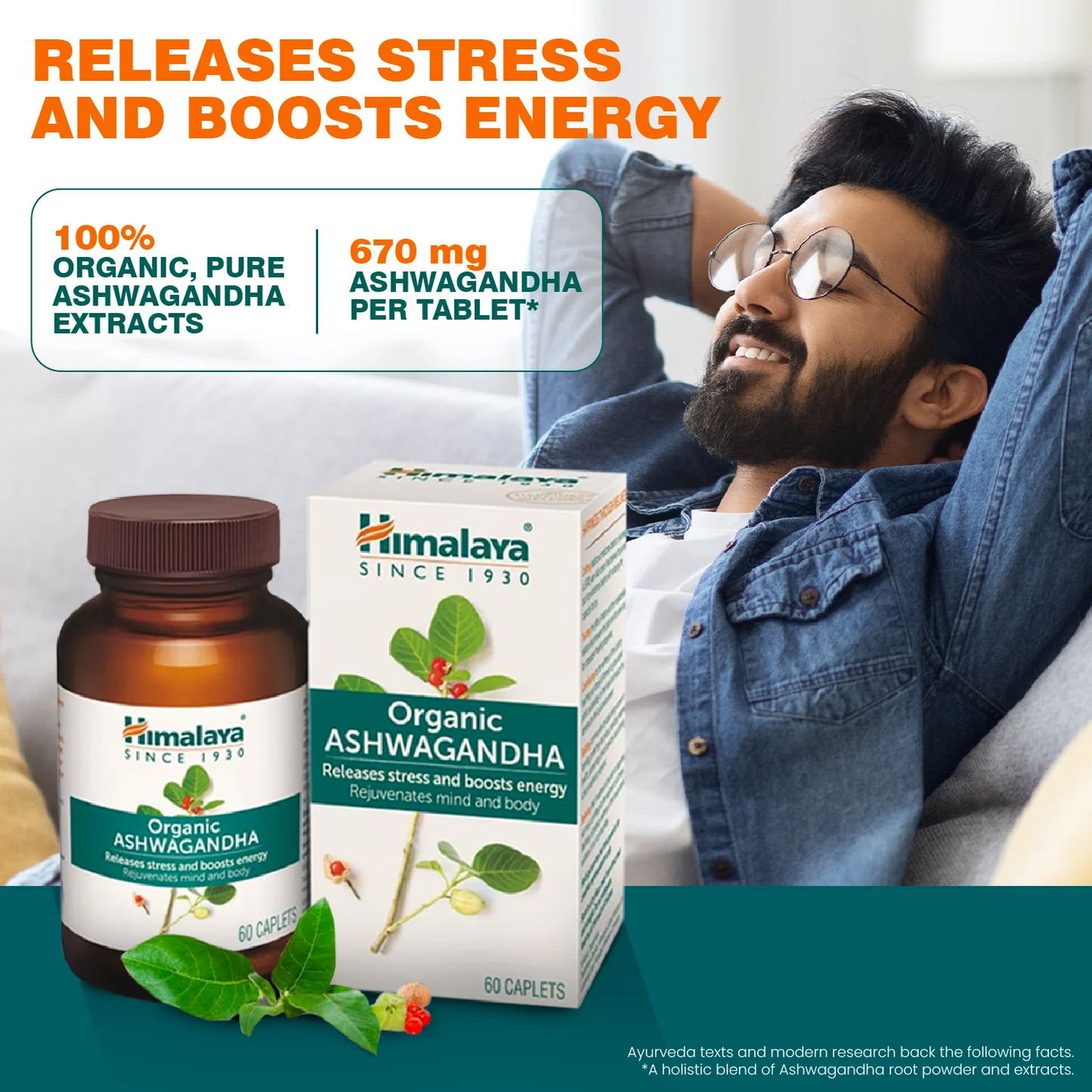 Himalaya Organic Ashwagandha DHA Releases Stress and Boosts Energy Rejuvenates Mind and Body Caplets