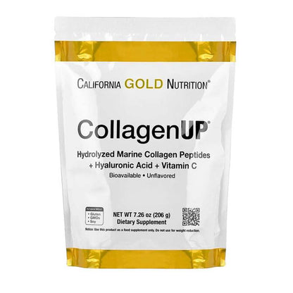 California Gold Nutrition Collagen up Powder hydrolyzed Marine Collagen Peptides + Hyaluronic Acid + Vitamin C Bioavailable. Unflavored Gluten Gmok 206g