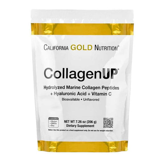 California Gold Nutrition Collagen up Powder hydrolyzed Marine Collagen Peptides + Hyaluronic Acid + Vitamin C Bioavailable. Unflavored Gluten Gmok 206g