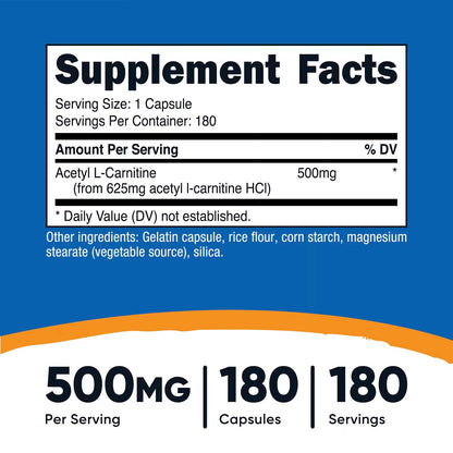 Nutricost Acetyl L-Carnitine (ALCAR) 500mg – 180 Capsules GMO-Free & Gluten-Free