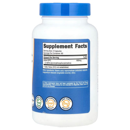 Nutricost Alpha GPC 600mg – 120 Vegetarian Capsules, 300mg Per Capsule, Gluten-Free & GMO-Free