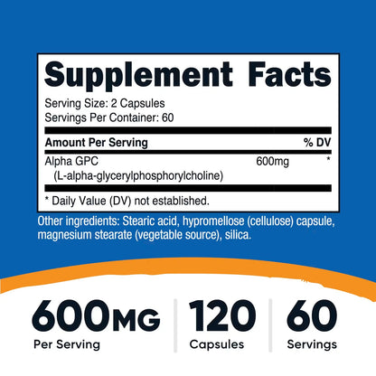 Nutricost Alpha GPC 600mg – 120 Vegetarian Capsules, 300mg Per Capsule, Gluten-Free & GMO-Free