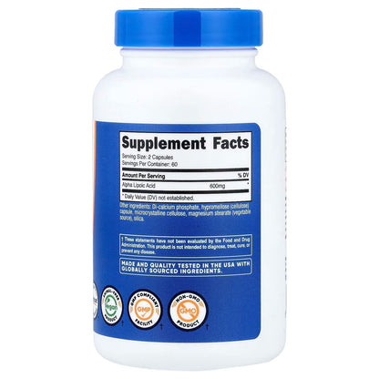 Nutricost Alpha Lipoic Acid 600mg – 120 Plant-Based Capsules, 60 Servings, GMO-Free Antioxidant Supplement