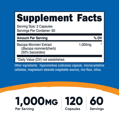 Nutricost Bacopa Monnieri 1000mg – 120 Vegetarian Capsules, 60 Servings, Gluten-Free & GMO-Free