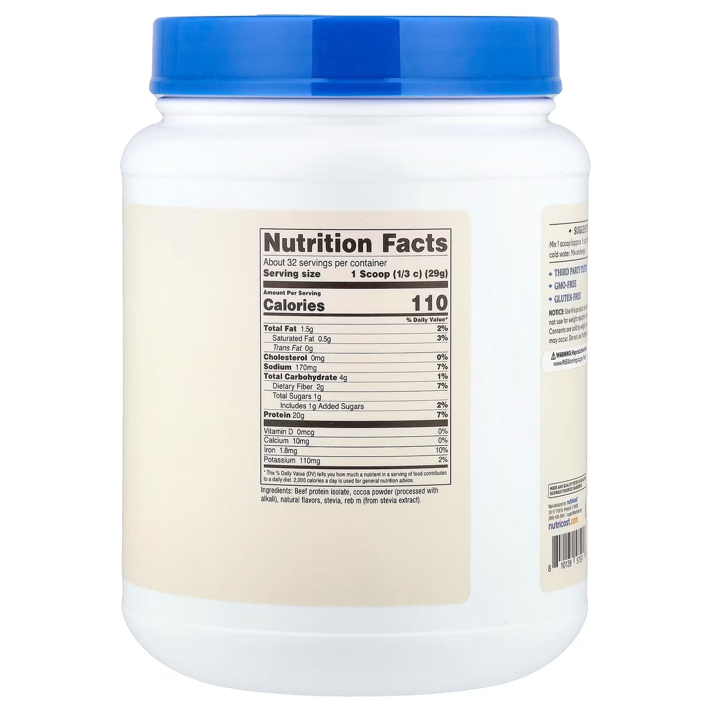Nutricost Beef Protein Isolate Powder 2 lbs (907g) – Chocolate Flavor, Gluten-Free Protein Supplement