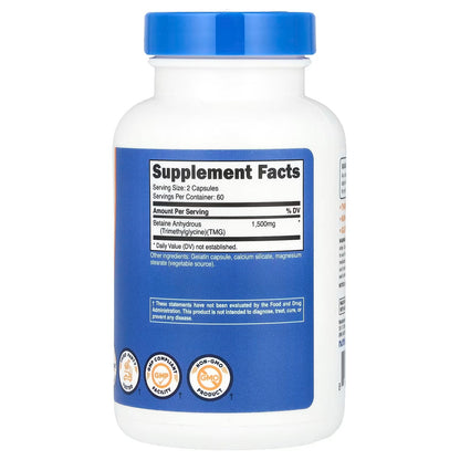 Nutricost Betaine Anhydrous 1500mg – 120 Capsules, 60 Servings, 750mg Per Capsule, Gluten-Free & Non-GMO