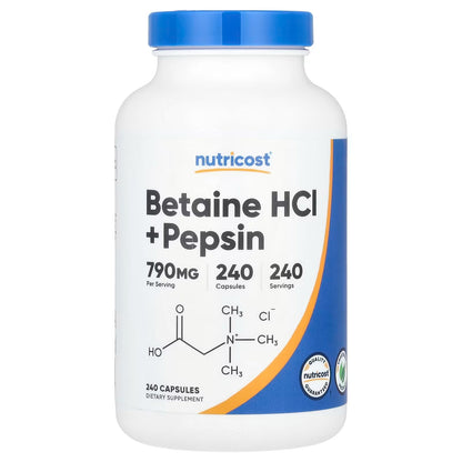 Nutricost Betaine HCl + Pepsin 790mg – 240 Vegetarian Capsules | GMO-Free Supplement
