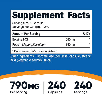 Nutricost Betaine HCl + Pepsin 790mg – 240 Vegetarian Capsules | GMO-Free Supplement
