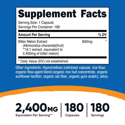 Nutricost Bitter Melon Extract – 180 Vegan Capsules, 180 Servings, Momordica Charantia, Gluten-Free & GMO-Free