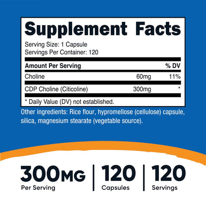 Nutricost CDP Choline (Citicoline) 300mg – 120 Vegetarian Capsules, GMO-Free & Gluten-Free