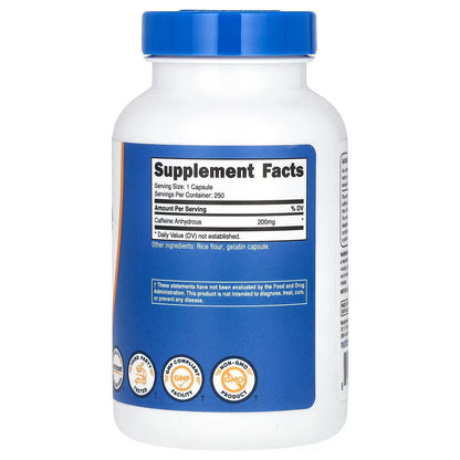 Nutricost Caffeine Pills 200mg – 250 Capsules, Energy & Focus Supplement