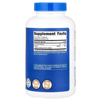 Nutricost Calcium Lactate 2,100mg – 180 Vegan Capsules, 60 Servings, Non-GMO & Gluten-Free