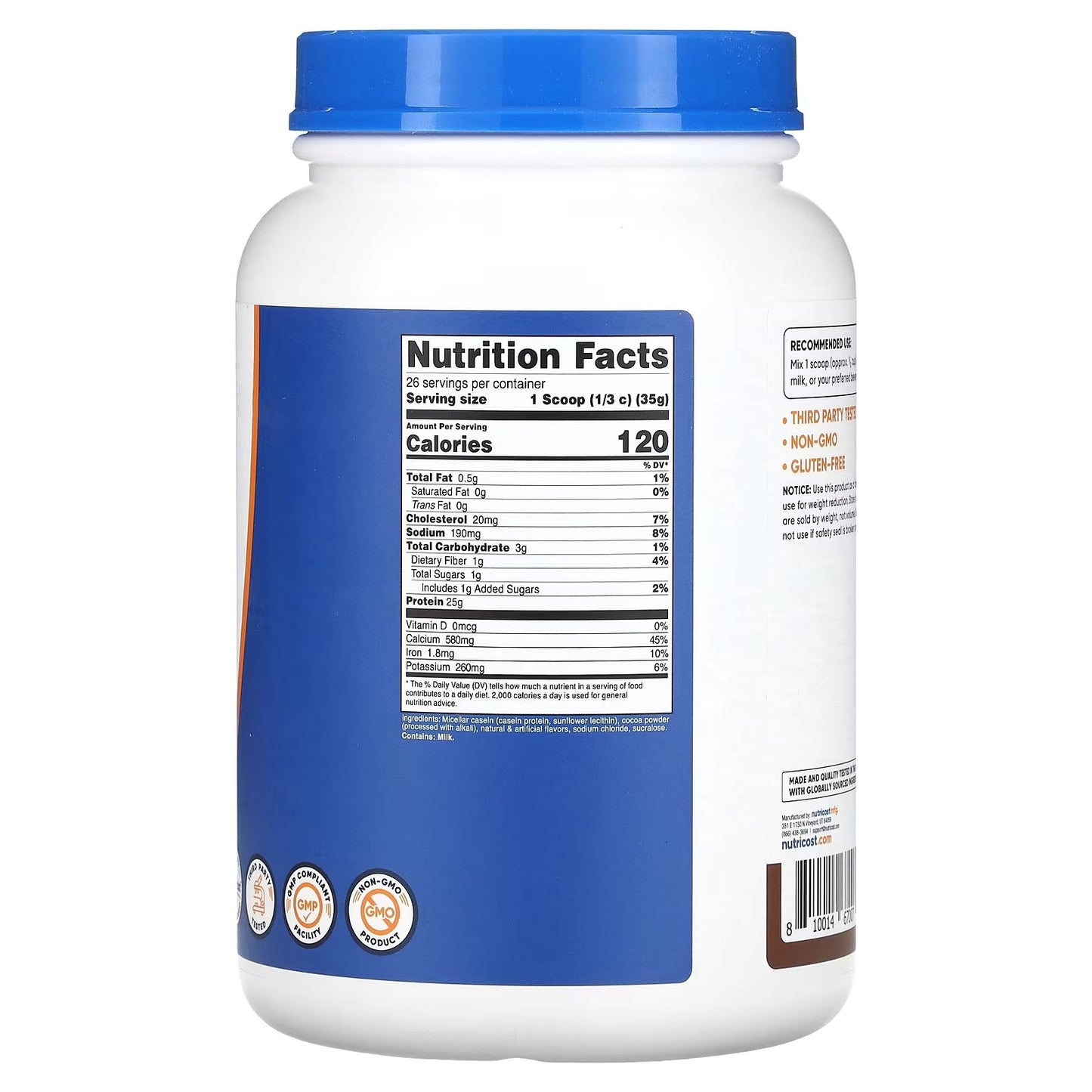 Nutricost Casein Protein Powder 2 lbs (907g) – Chocolate Flavor, Slow-Digesting Protein Supplement