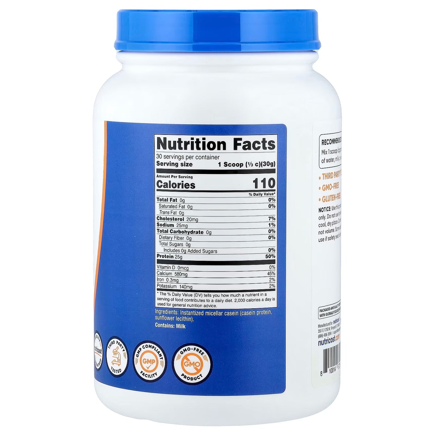 Nutricost Casein Protein Powder 2 lbs (907g) – Unflavored Slow-Digesting Protein Supplement