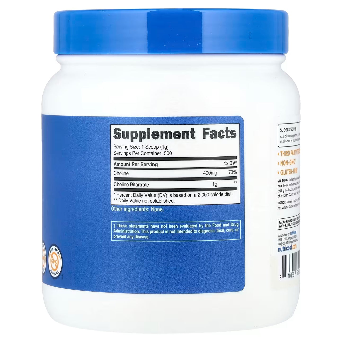 Nutricost Pure Choline Bitartrate Powder 500g – Unflavored Choline Supplement