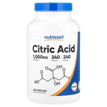 Nutricost Citric Acid 1000mg (1g) – 240 Capsules, Gluten-Free & Non-GMO Supplement