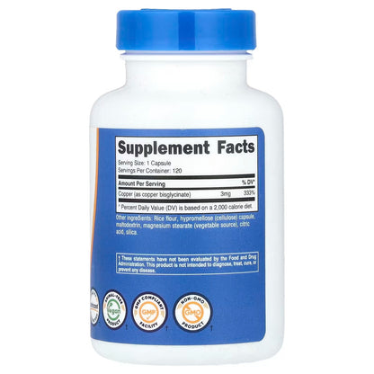 Nutricost Copper Glycinate 3mg – 120 Capsules, Chelated Copper Mineral Supplement