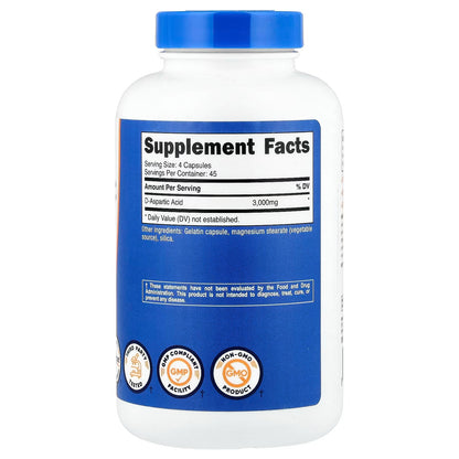 Nutricost D-Aspartic Acid 180 Capsules – 2 Bottles, Amino Acid Dietary Supplement