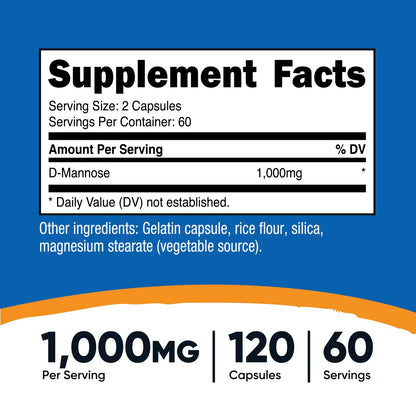 Nutricost D-Mannose 1000mg – 120 Capsules, 60 Servings, 500mg Per Capsule, GMO-Free & Gluten-Free