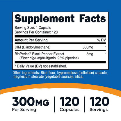 Nutricost DIM Plus BioPerine 300mg – 120 Vegetarian Capsules, 4-Month Supply, Max Strength Diindolylmethane