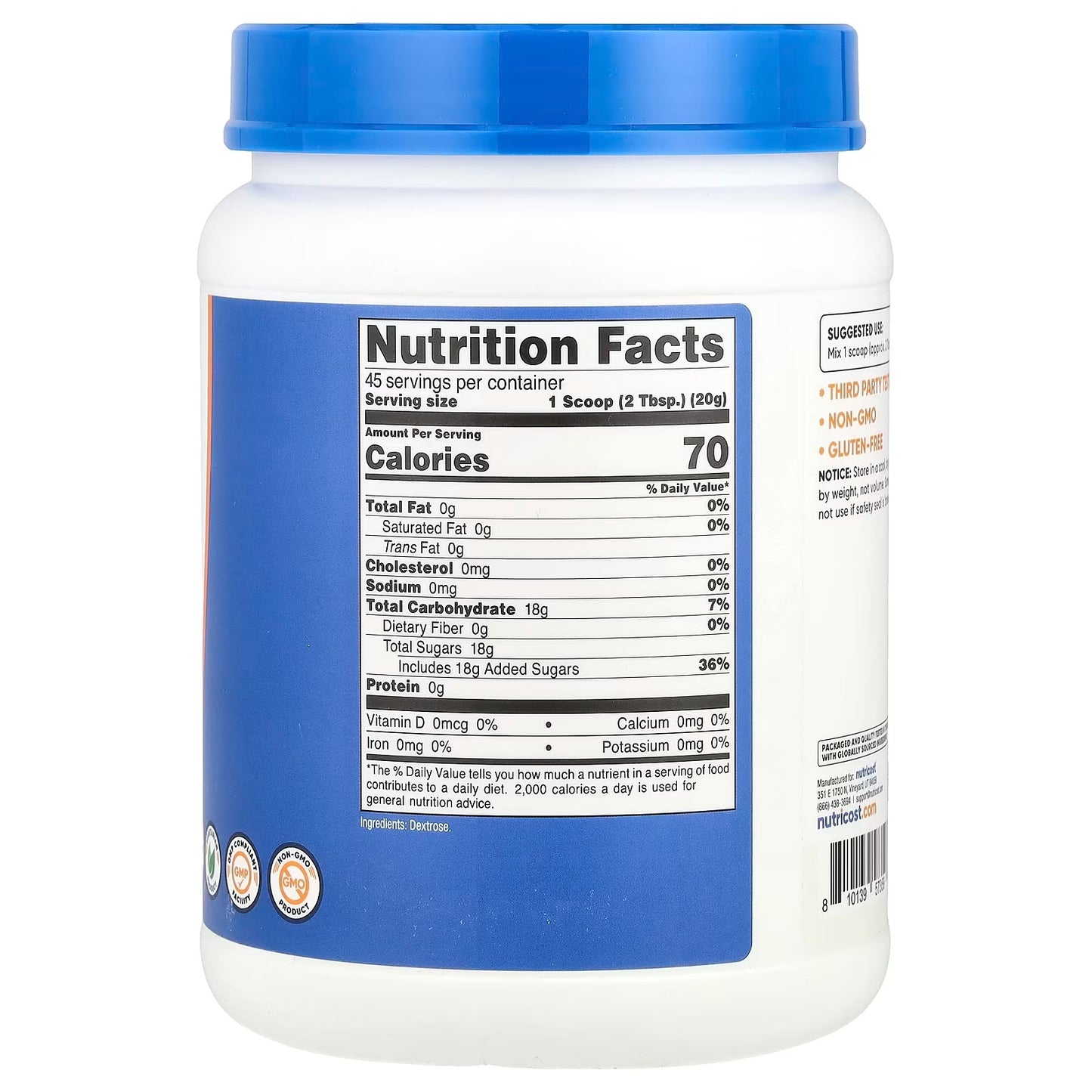 Nutricost Dextrose Powder 2 lbs (907g) – Non-GMO & Gluten-Free Carbohydrate Supplement