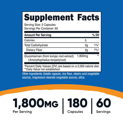 Nutricost Glucomannan 1800mg – 180 Capsules, Natural Fiber Supplement, Gluten-Free & GMO-Free