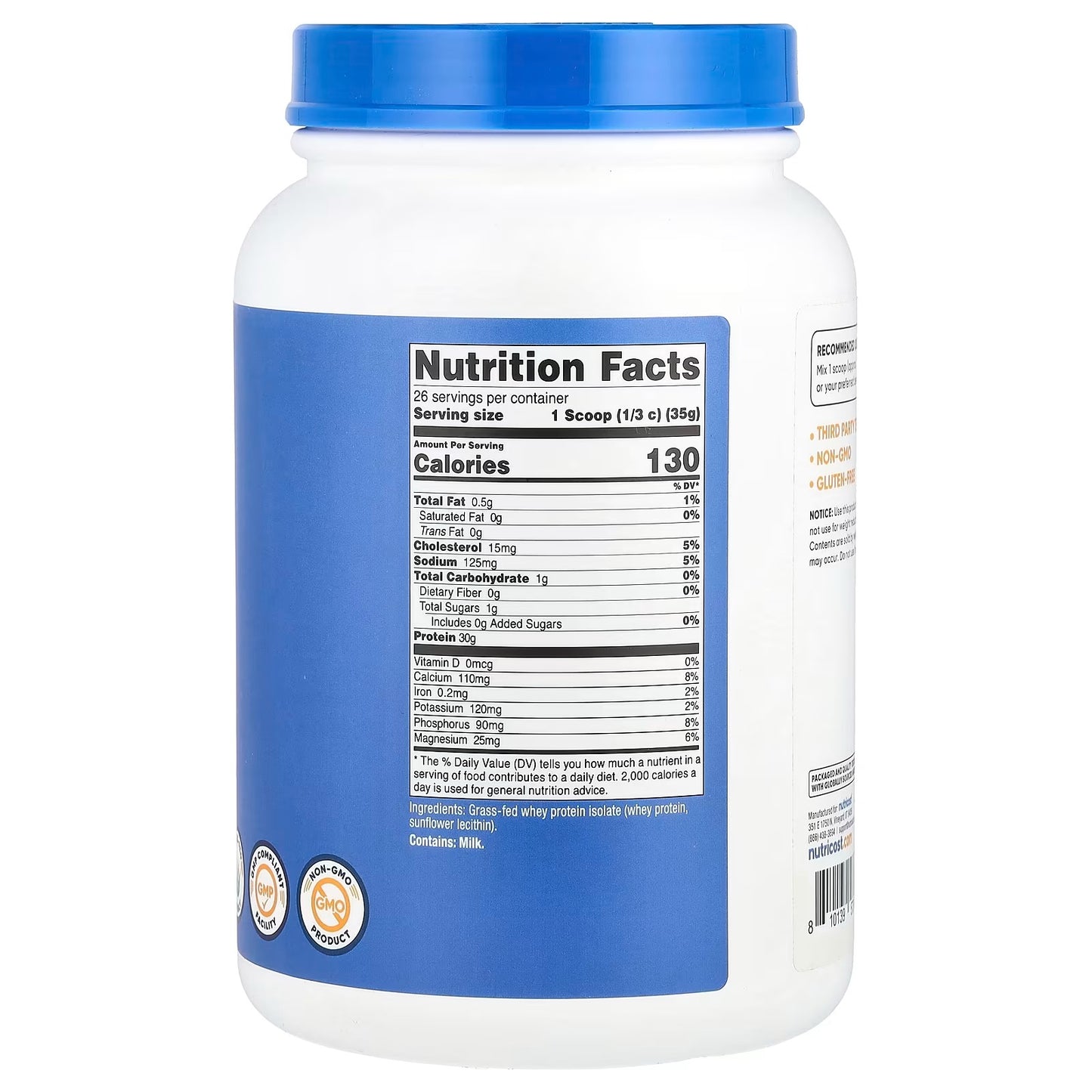 Nutricost Grass-Fed Whey Protein Isolate 2 lbs – Unflavored Pure Protein, Gluten-Free & GMO-Free