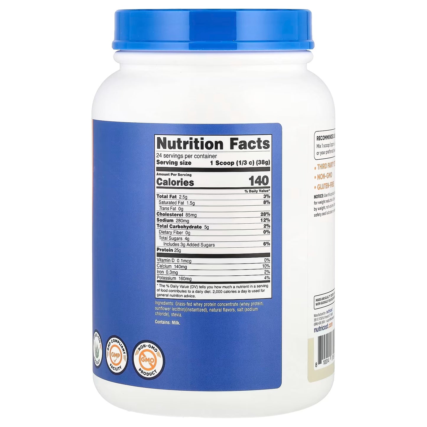 Nutricost Grass-Fed Whey Protein Isolate 2 lbs (907g) – Unflavored Premium Protein Powder