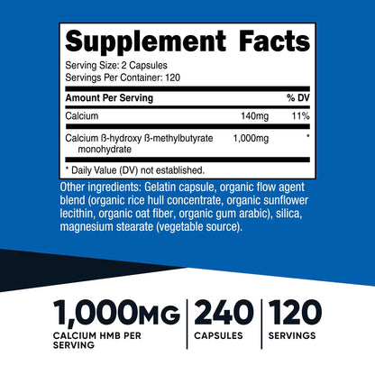 Nutricost HMB 1000mg (Beta-Hydroxy Beta-Methylbutyrate) – 240 Capsules, 500mg Per Capsule, 120 Servings, Gluten-Free & GMO-Free