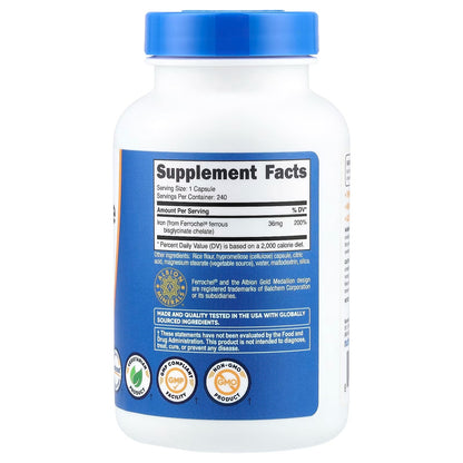 Nutricost Iron Chelate 36mg from Ferrochel® – 240 Capsules, Chelated Iron Supplement