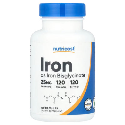 Nutricost Iron Bisglycinate 25mg – 120 Capsules, Ferrous Bisglycinate Chelate, Non-GMO & Gluten-Free